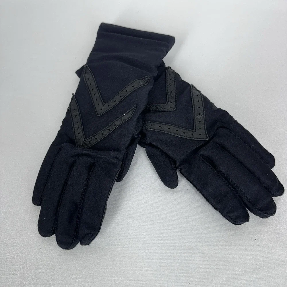 Isotoner Driving Gloves Women O/S Black Stretch Lined Leather Trim Chevron VTG