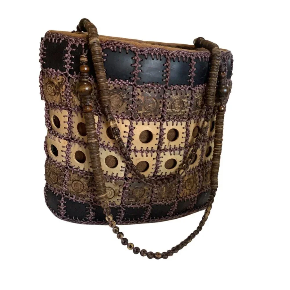 Handcrafted Boho‎ Patchwork Shoulder Bag Beaded Straps & Unique Coconut Shells