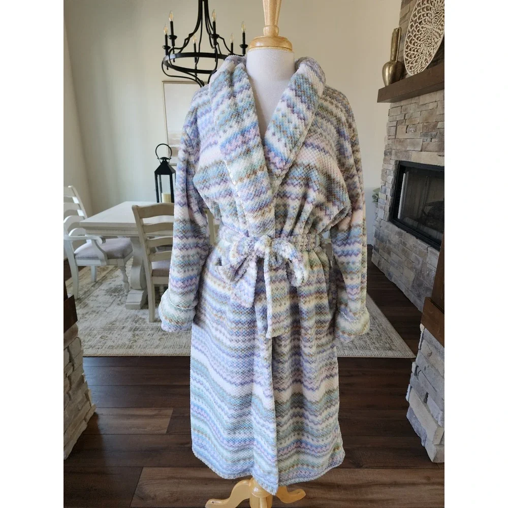 Carole Hochman Live Well Sleep Well Womens XL‎ Plush Fleece Robe Pastel Chevron