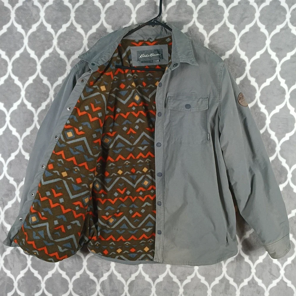 Eddie Bauer Shirt Jacket Men L Gray Fleece Lined Snap Up Aztec Geometric Lining
