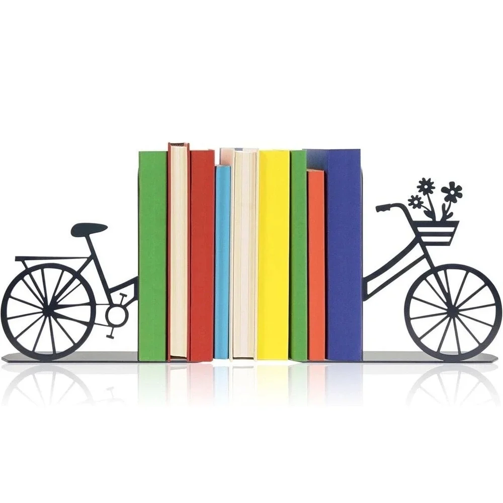 Bicycle Metal Bookends, Black Floral Bike Decorative Book Ends for Shelves