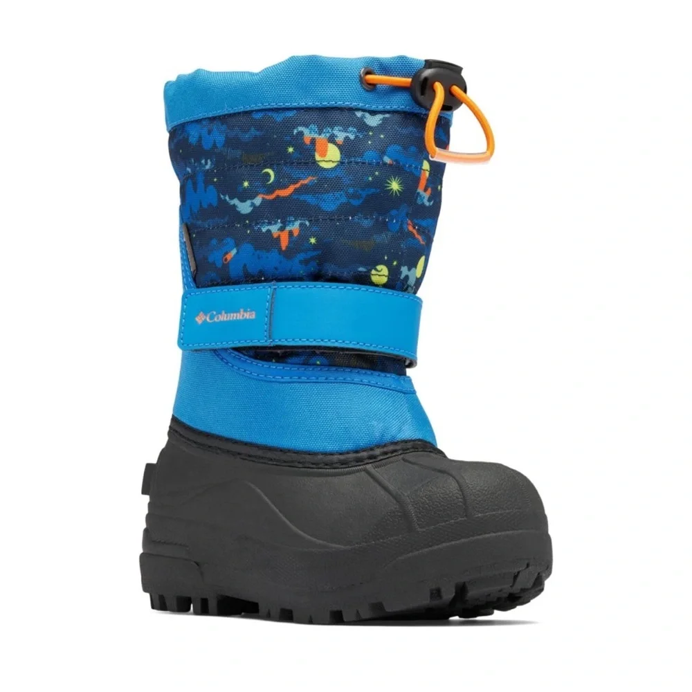 nwt Columbia Youth Powderbug Plus II Print Boot in Blue Black Size 6 & 7 Toddler