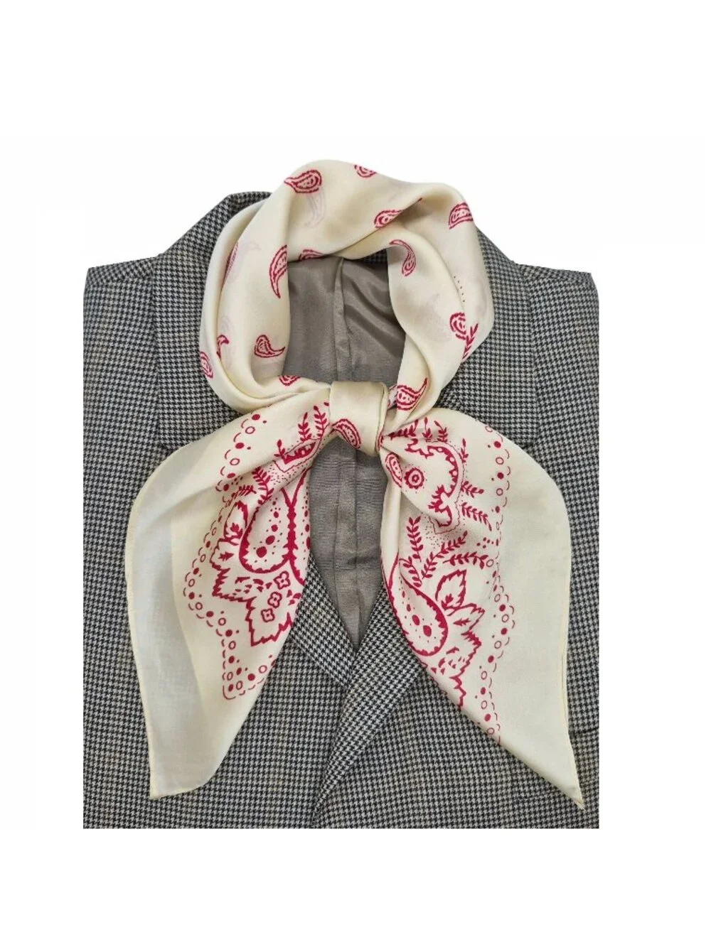 ✨Elegant Silky Square Scarf Retro Print White Burgundy Paisley Head Wrap Bandana