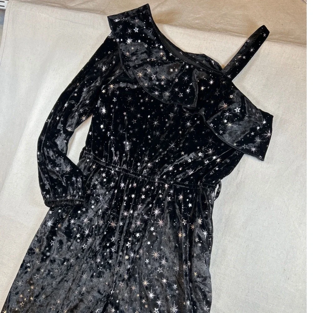 Justice Girls XL Plus Black Crushed Velvet Star Jumpsuit One Shoulder Wide Leg