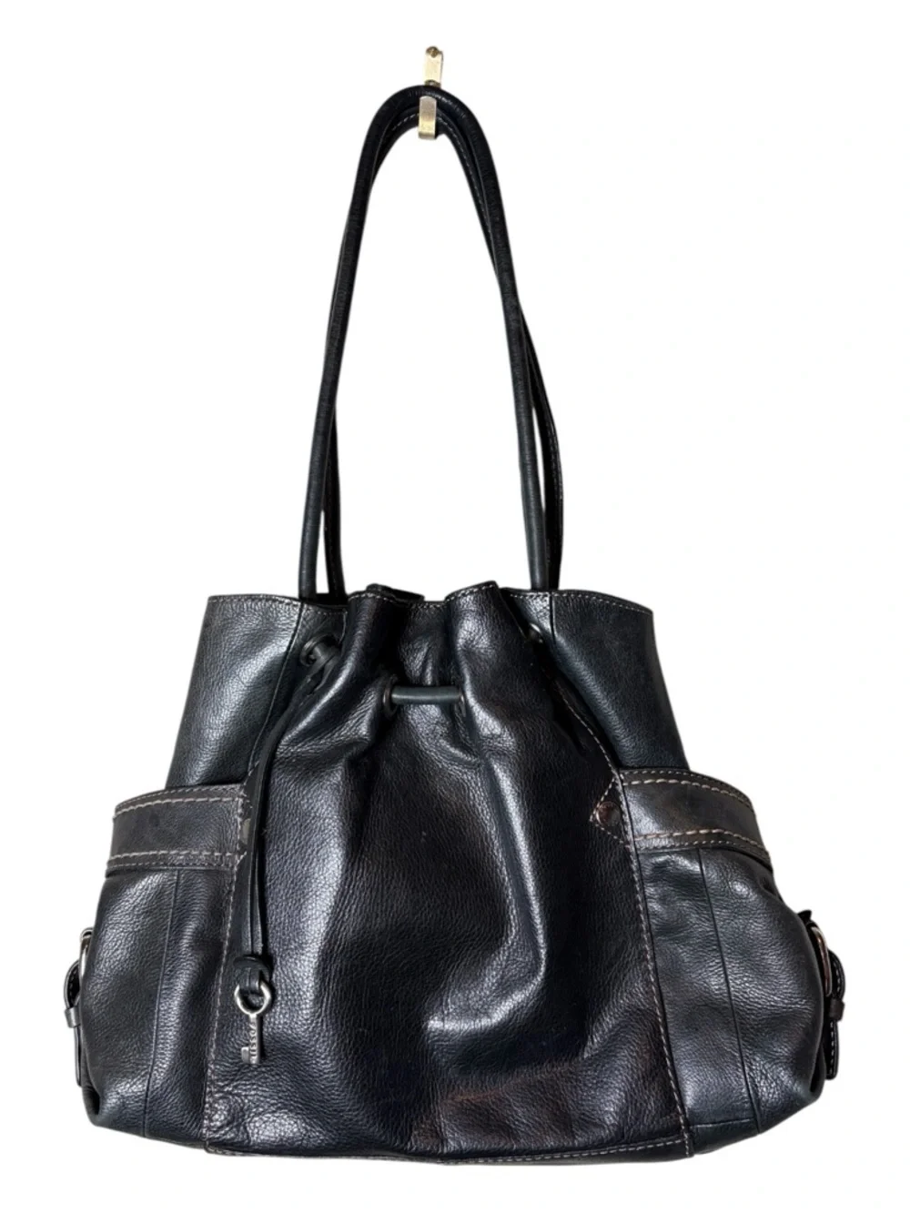Fossil Womens Black Leather Bag Drawstring Hobo Side Pockets Magnetic Closure