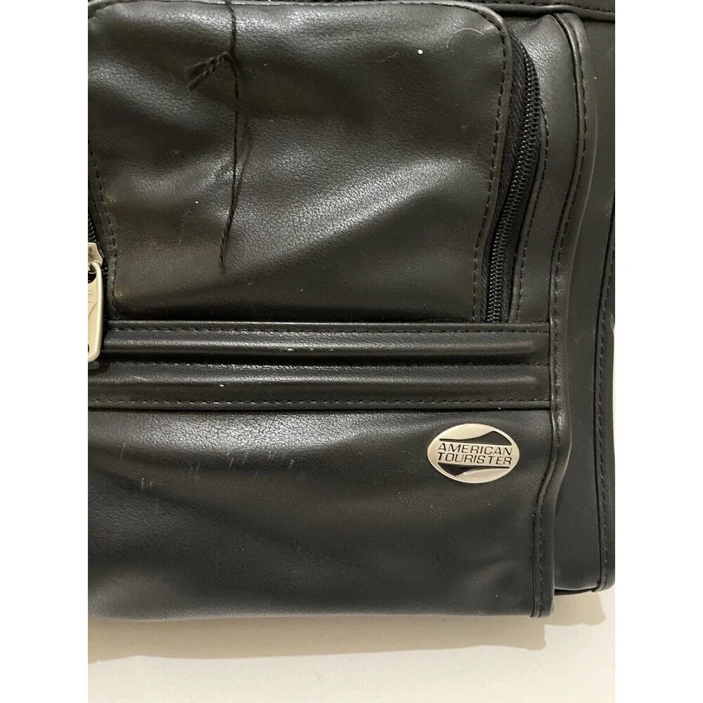 American Tourister Black Faux Leather Carry On Luggage Bag Suitcase Travel NEW