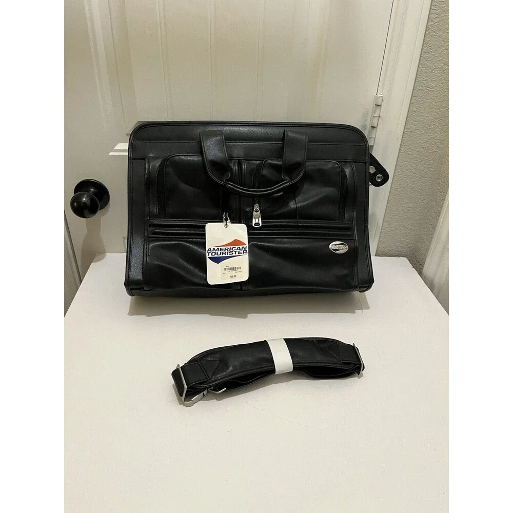 American Tourister Black Faux Leather Carry On Luggage Bag Suitcase Travel NEW