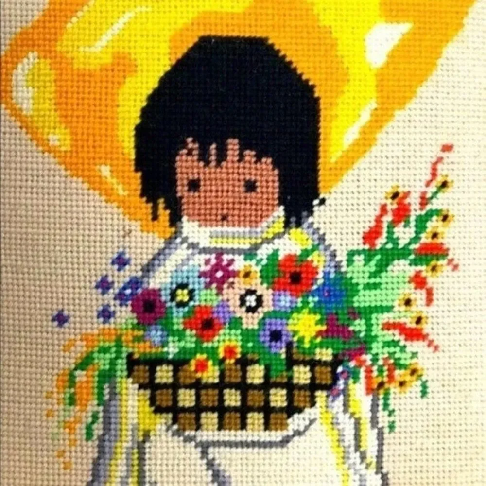 2 Native American Cross Stitch framed art floral vintage