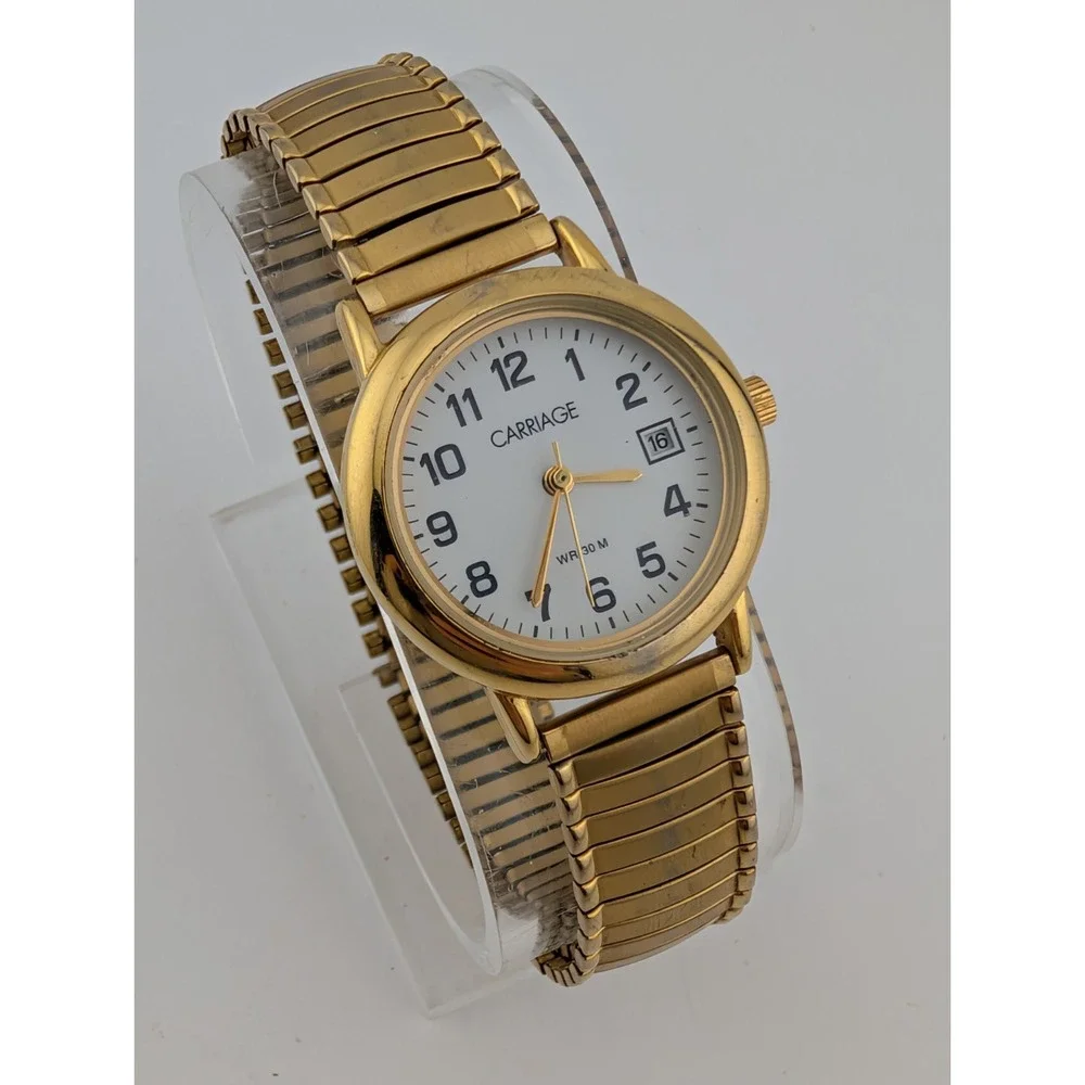 Carriage Timex Watch Women‎ 28mm Case Gold Stretch Band Date- New Battery