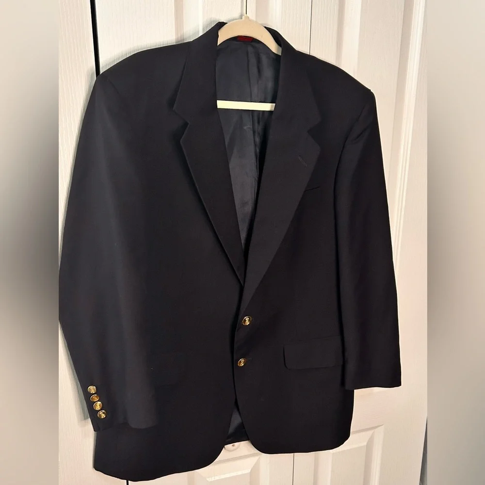 Savile Row Blazer‎ Mens 42R Black 2 Gold Button 100% Pure Wool Sports Coat