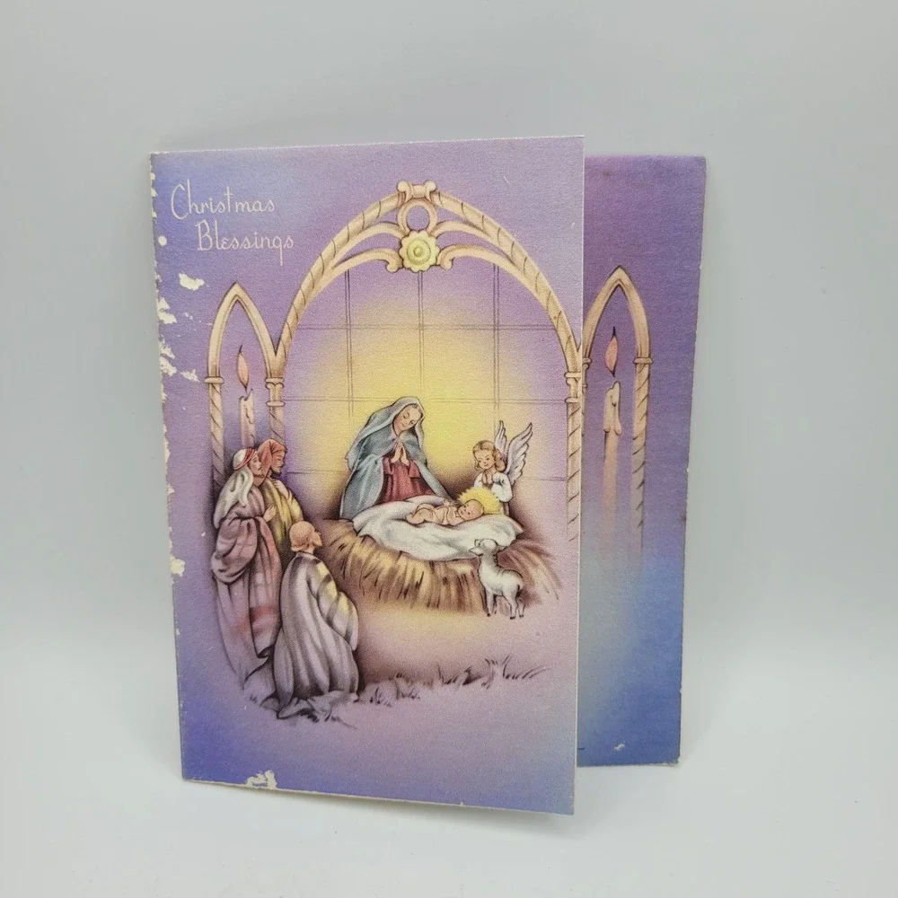 Vintage Christmas Card‎ Nativity Scene Blessings Forget Me Not P 5895 A