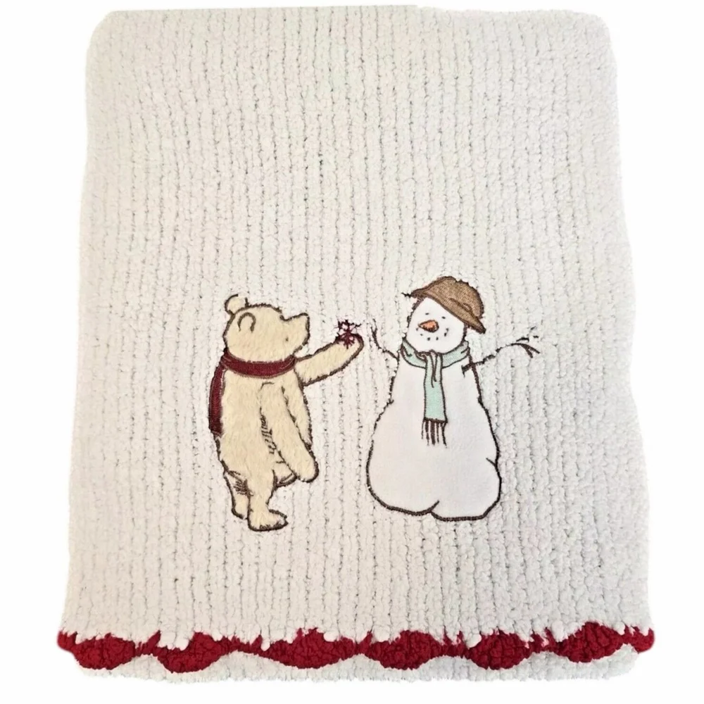 Disney Classic Winnie the Pooh Chenille Baby Blanket Snowman White Red Trim HTF