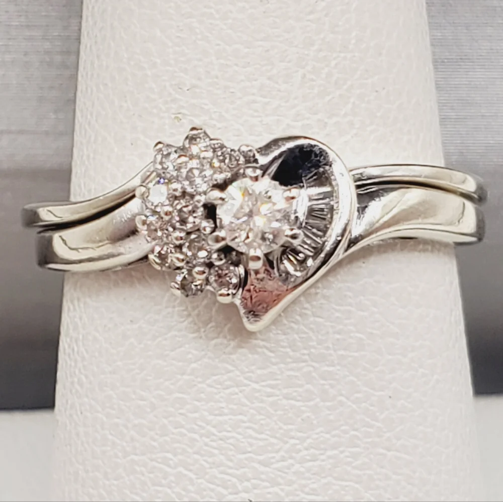 10k Solid White Gold Genuine Round & Baguette Diamond Heart Wedding Ring Set