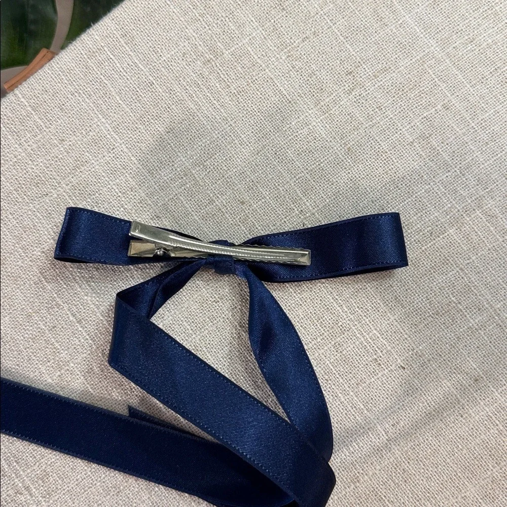 Preppy hair accessory satin handmade Navy Ribbon with clip‎