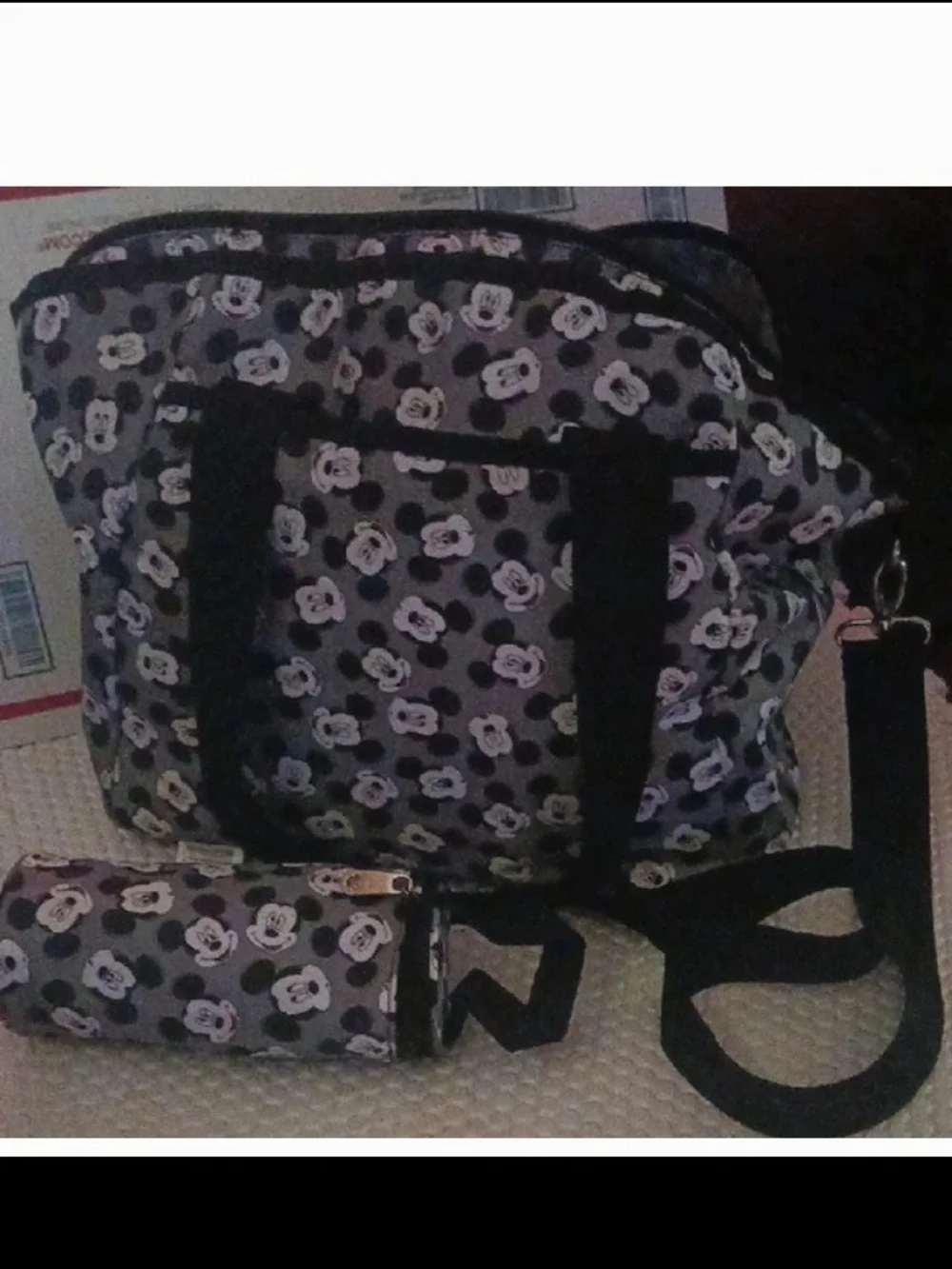 Gray Mickey Print Crossbody Tote Bag With Bottle Carrier