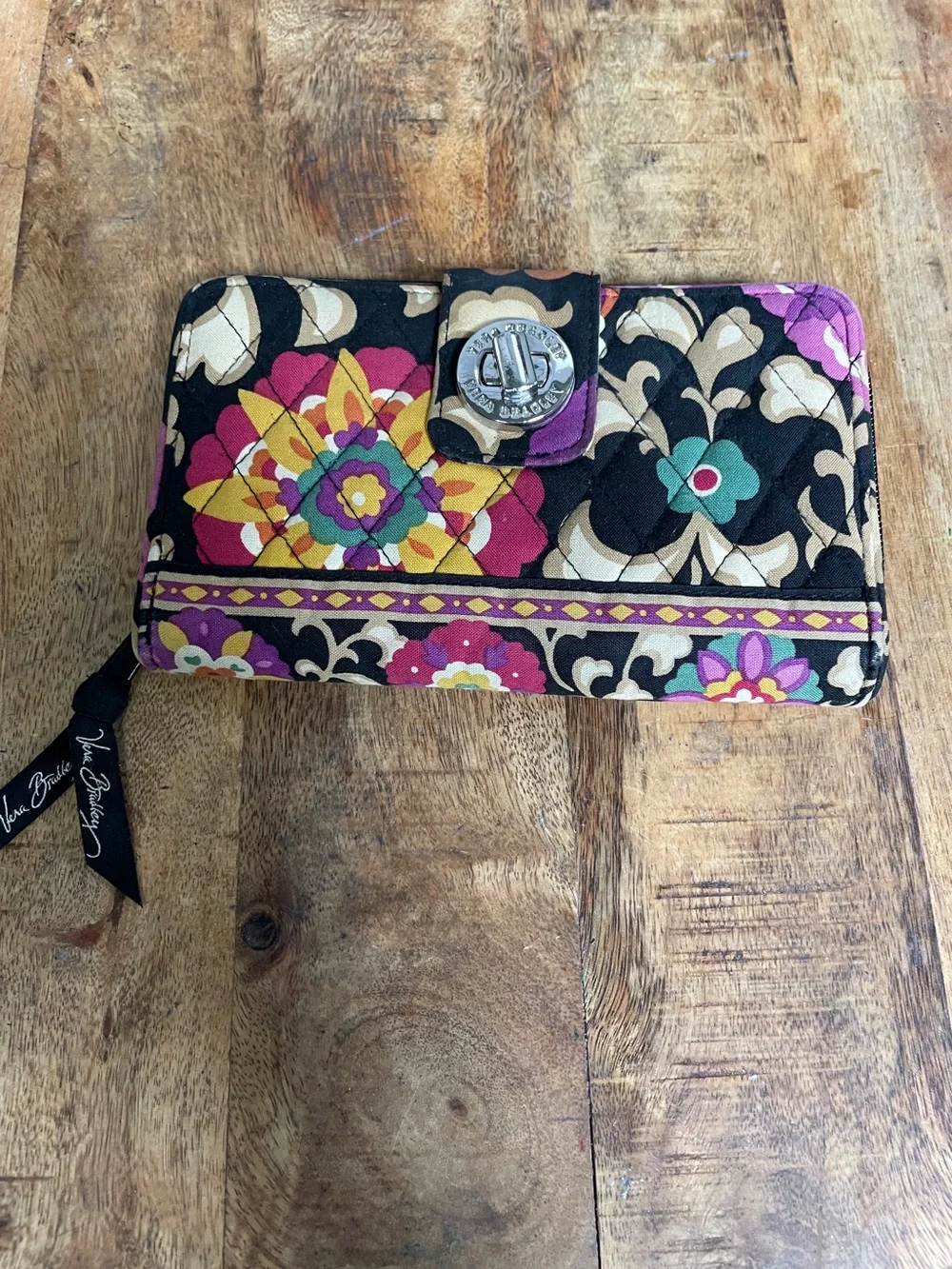 Vera Bradley Black Quilted Floral Zip Wallet with Multicolor Accents
