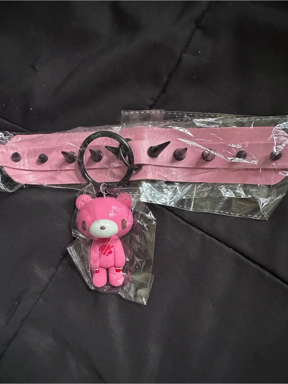 Pink Spiked Choker Necklace with Bear Charm