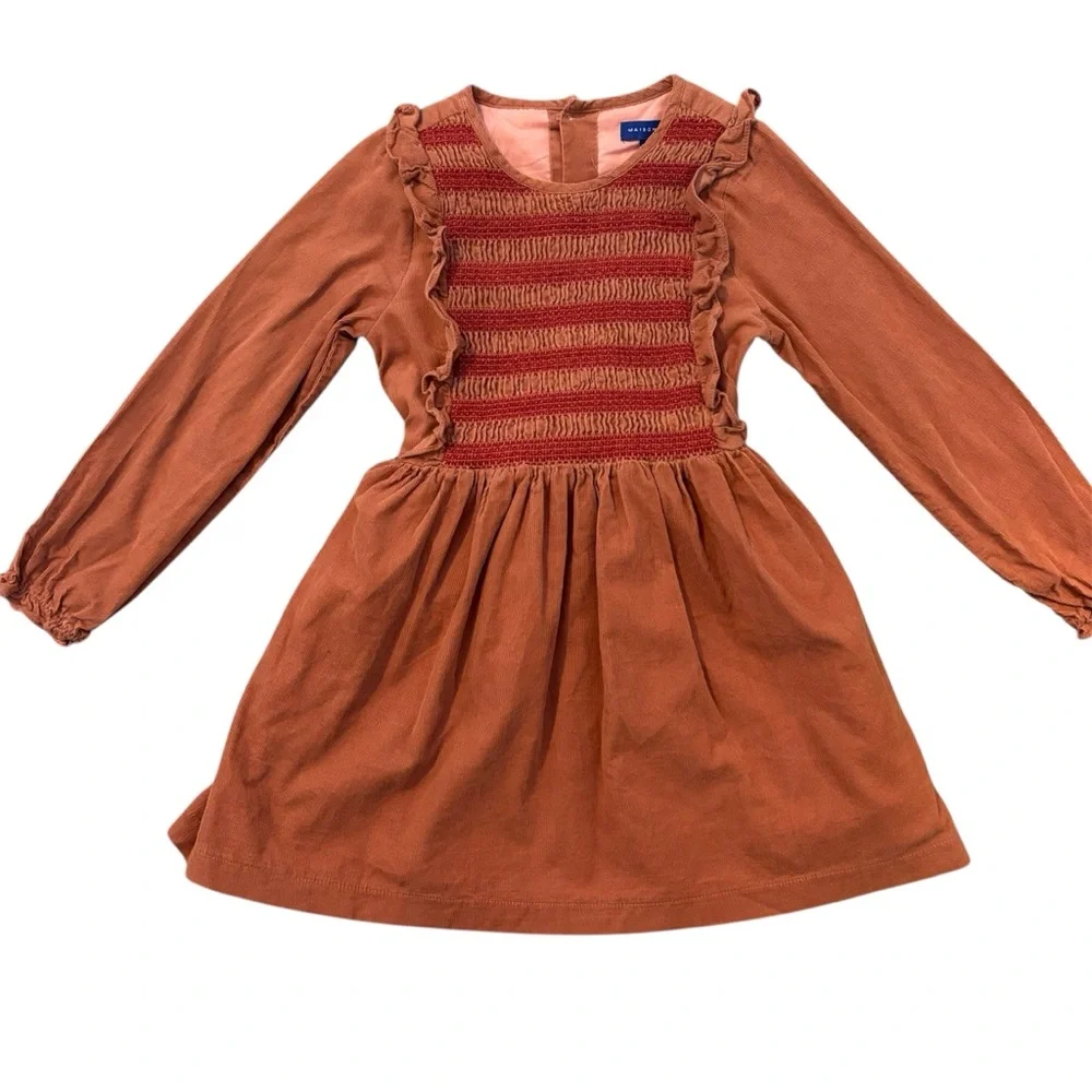 Maison Me Girls Dress Size 7 Rust Corduroy Smocked Long Sleeve Ruffle Cotton