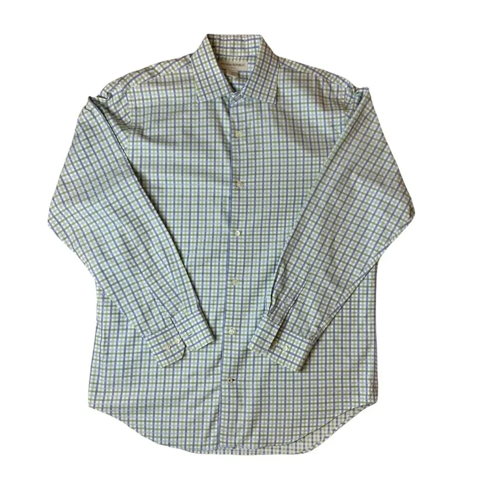 Banana Republic Plaid Blue Green Dress Shirt Button Up Men's Large 16-16.5‎