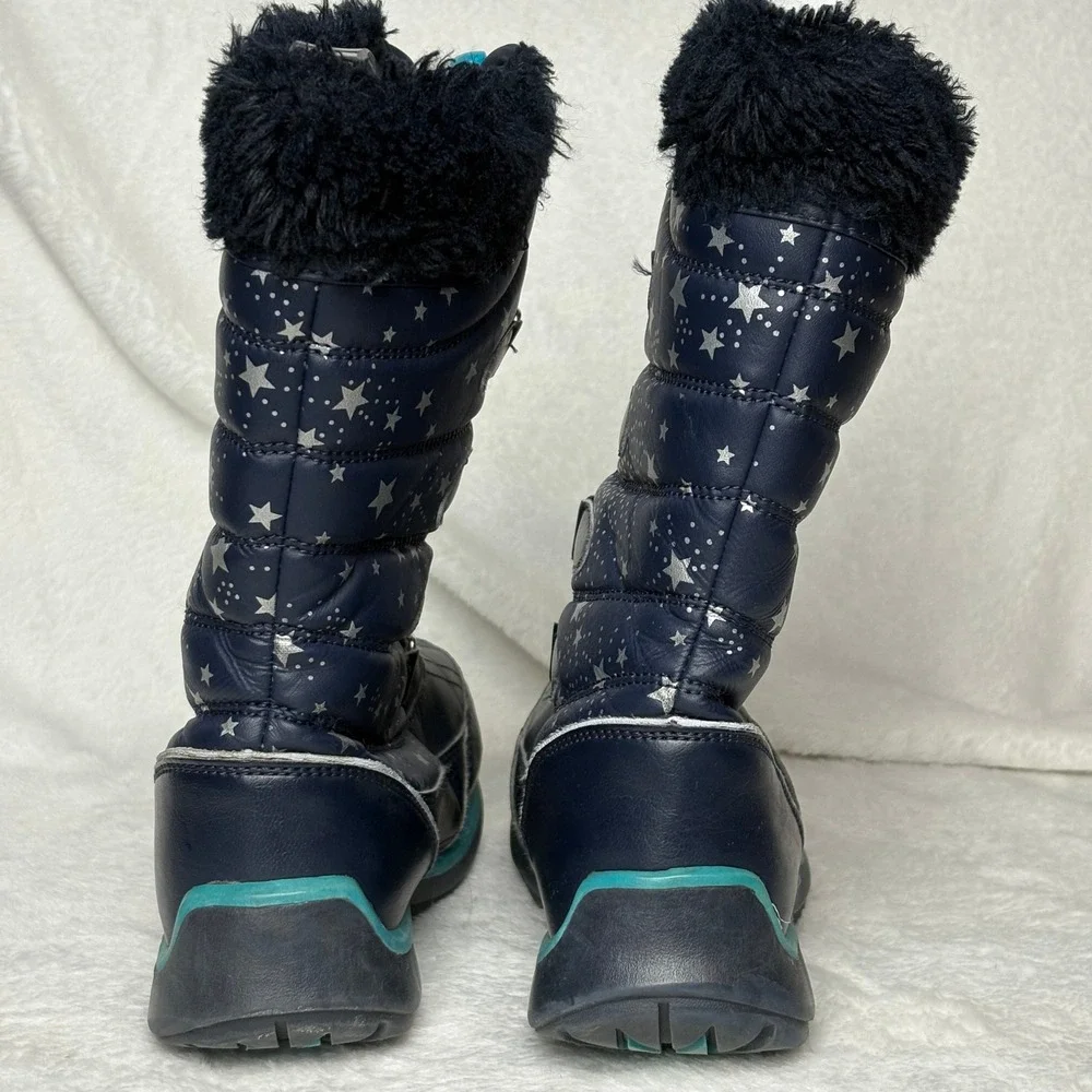 Lands' End Kids Navy Blue Star Print Winter Snow Boots Fur‎ Trim Warm Waterproof