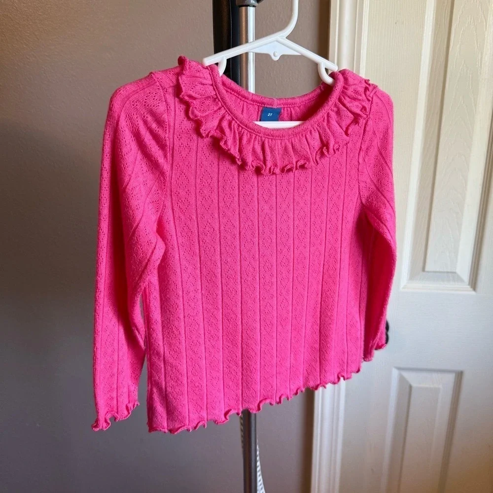 Old Navy Toddler Girls 2T Pink Ruffle Neck Long‎ Sleeve Knit Sweater Shirt NWOT