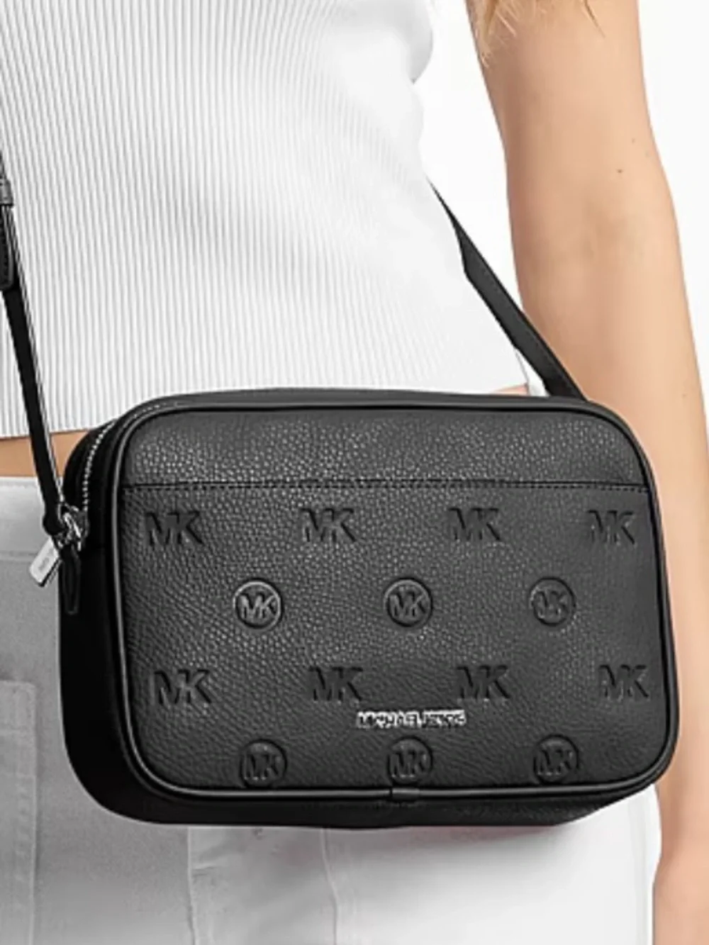 Michael Kors Jet Set Travel Larg Logo Debossed EW Camera Crossbody Bag Black NWT