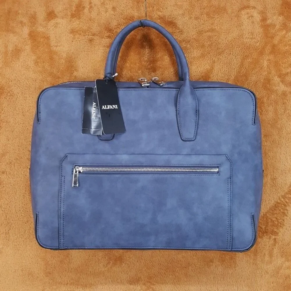 ALFANI Briefcase Blue Faux Nubuck Leather Messenger Bag Laptop Crossbody
