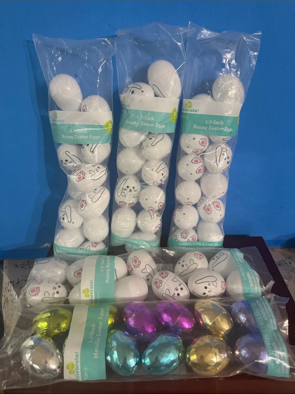 Celebrate! White Bunny Print & Metallic Assorted Easter Egg Decor Pack. Set of 5