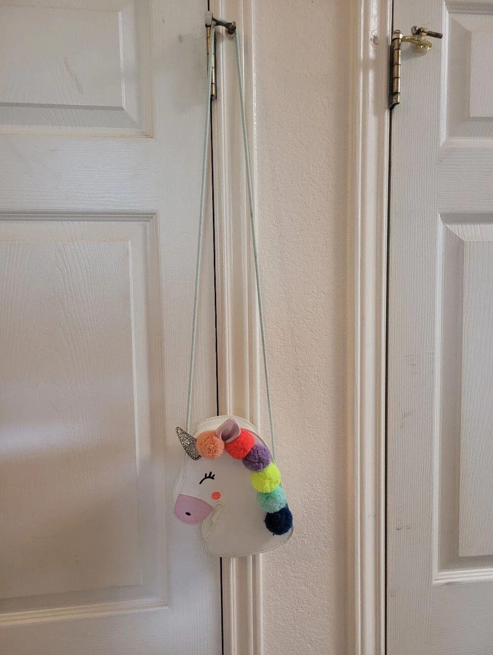 Kids Unicorn Pom-Pom Crossbody Bag - White with Rainbow Poms