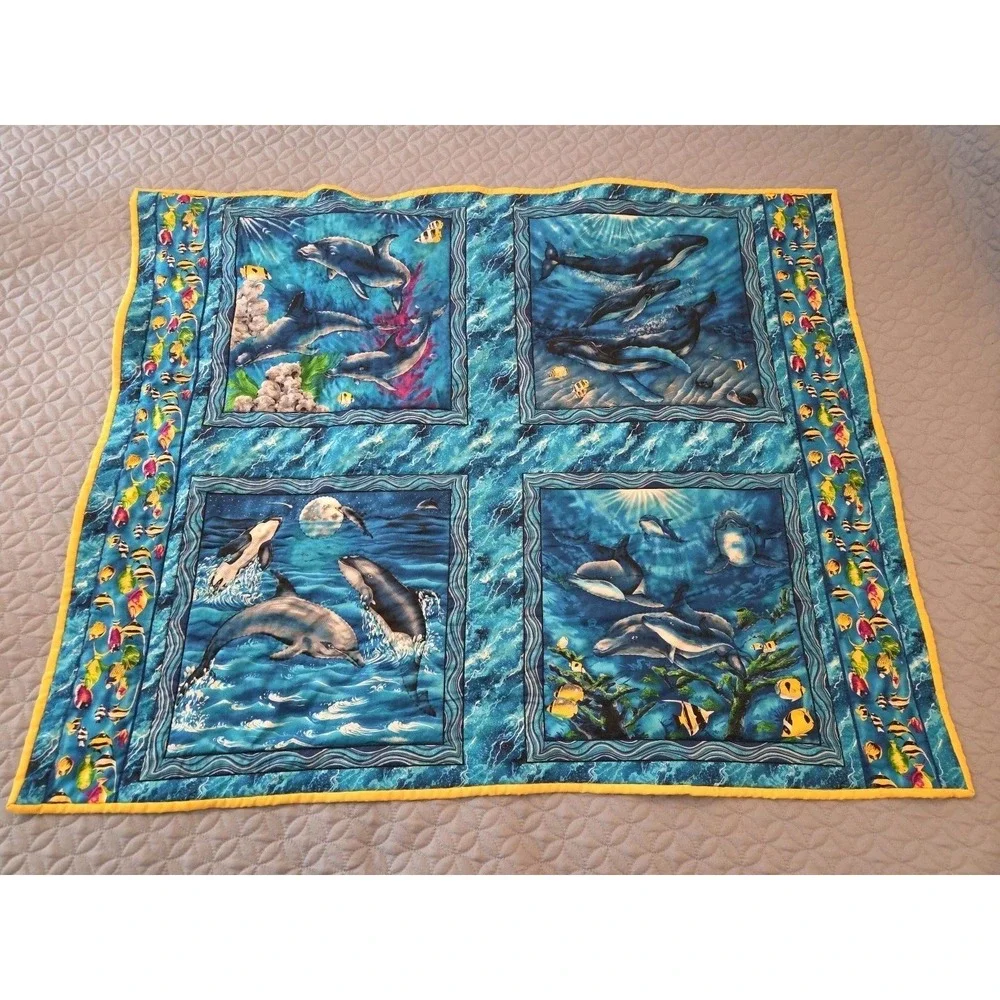 Handmade Crib Lap Blanket Ocean Life Dolphins Whales Blue Yellow 42