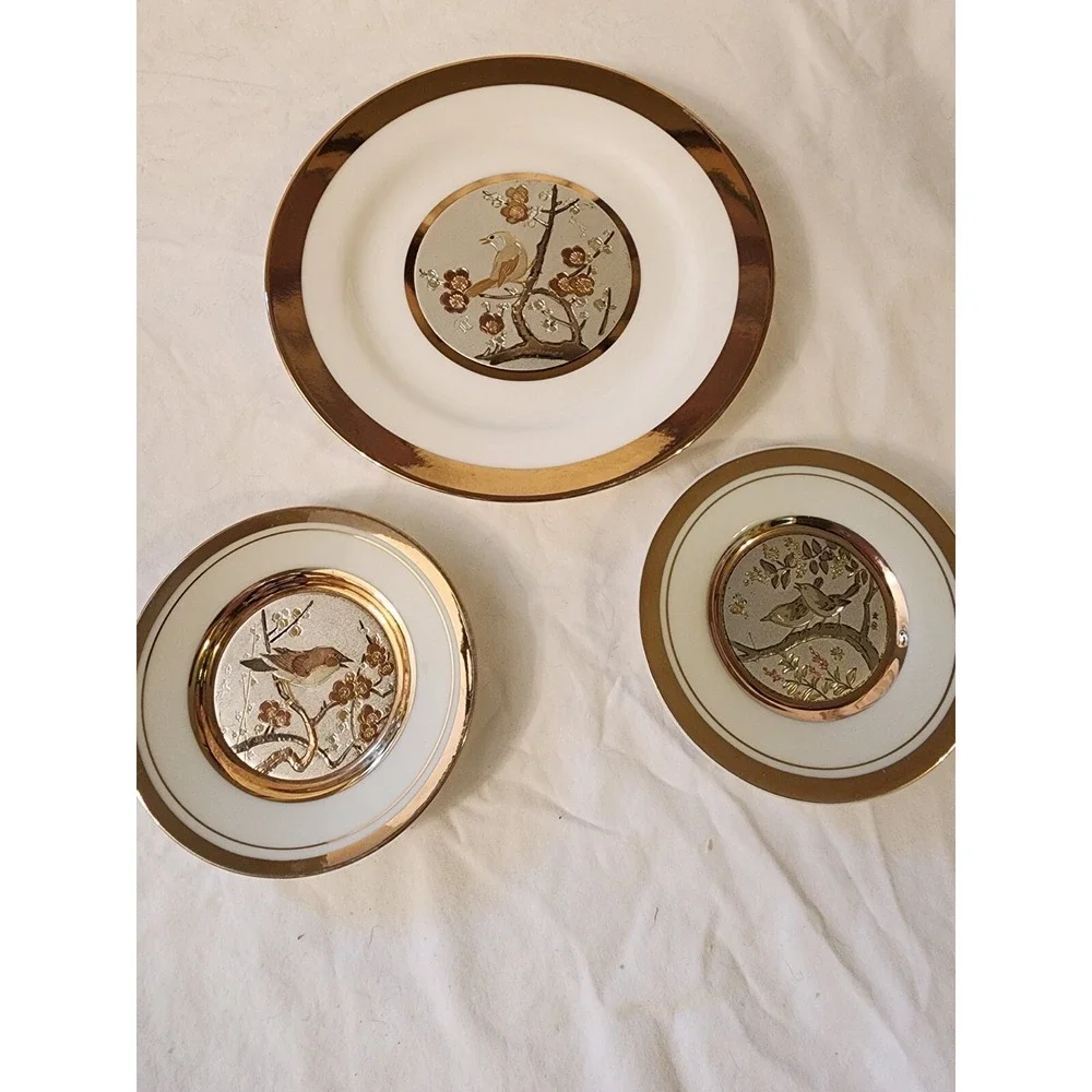 The‎ Art Of Chokin 24 Kt Gold Edge Plate Set Of 3 Birds And Flowers EUC