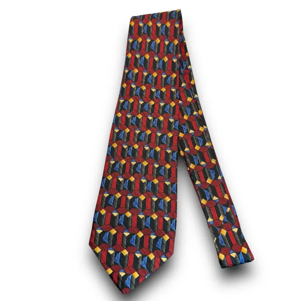 Robert Talbott 100% Silk Necktie Geometric Print Tie Maroon Gold Blue Black