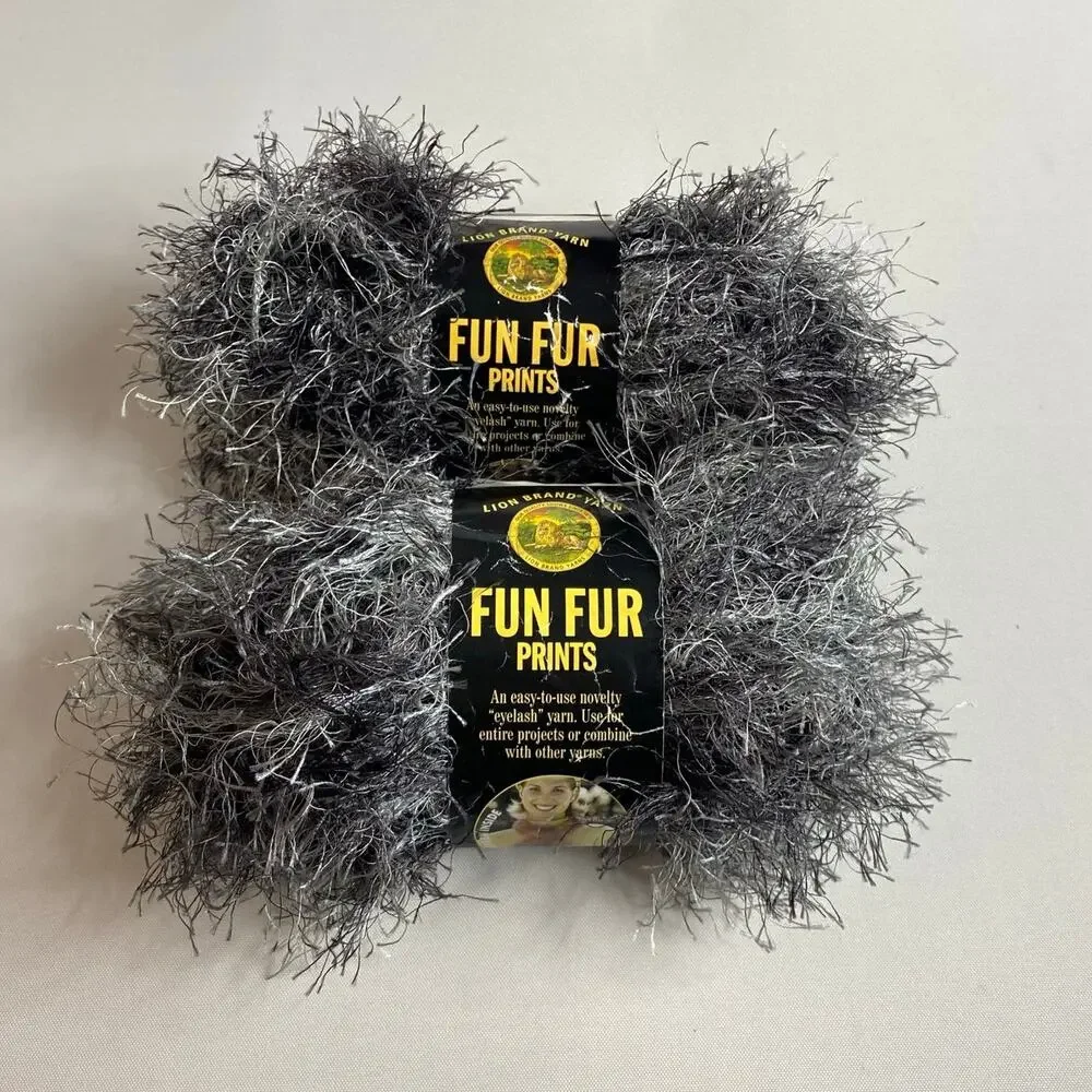 Lot Of 2 Lion Brand Fun Fur Prints Eyelash Yarn #204 Lava Black White Gray NWT