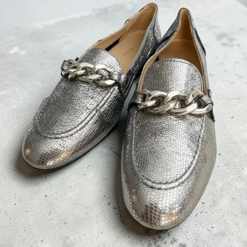 Donald Pliner Bethany Silver Metallic Flat Loafer Silver Chain Hardware 41/US 10