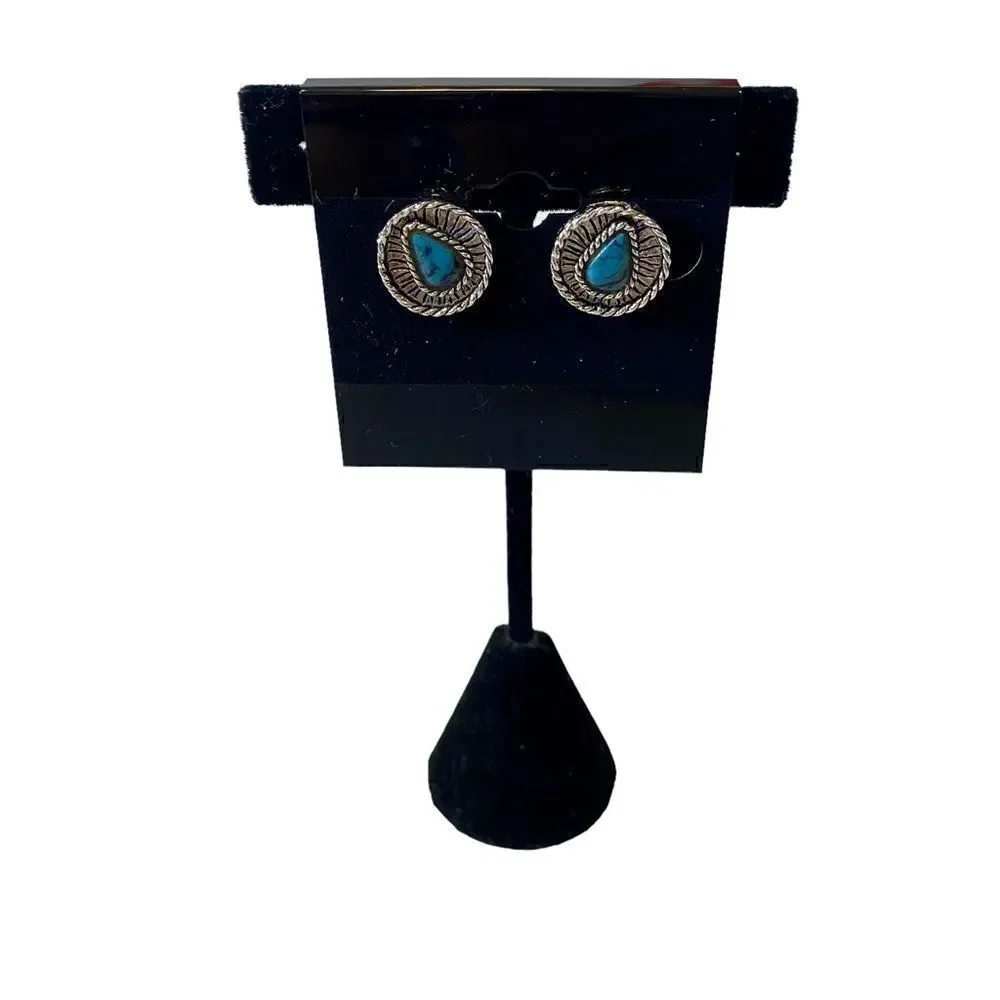 Southwest Style Button Earrings w/ Marbled Faux Turquoise Center.
