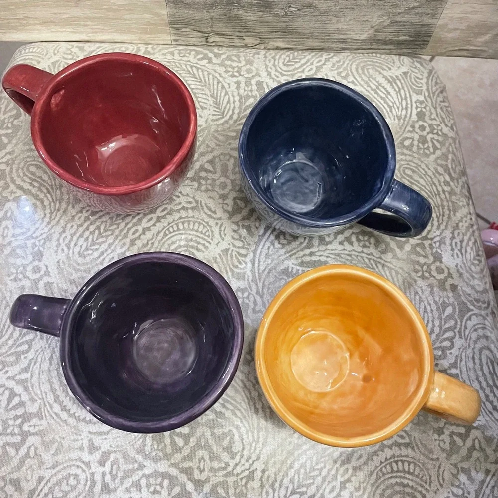 Pottery Barn Sausalito Mugs Set 4 Multi Color Red Blue Purple Yellow Stoneware