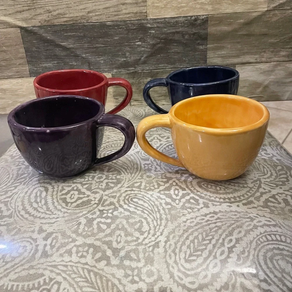 Pottery Barn Sausalito Mugs Set 4 Multi Color Red Blue Purple Yellow Stoneware