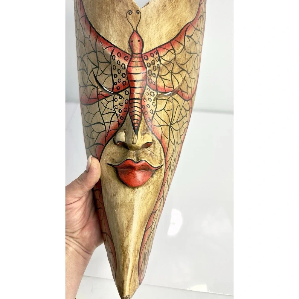 Bali Ethnic Wood Carved Tribal Mask Red Lip with Decorative Paint by Sejati 18