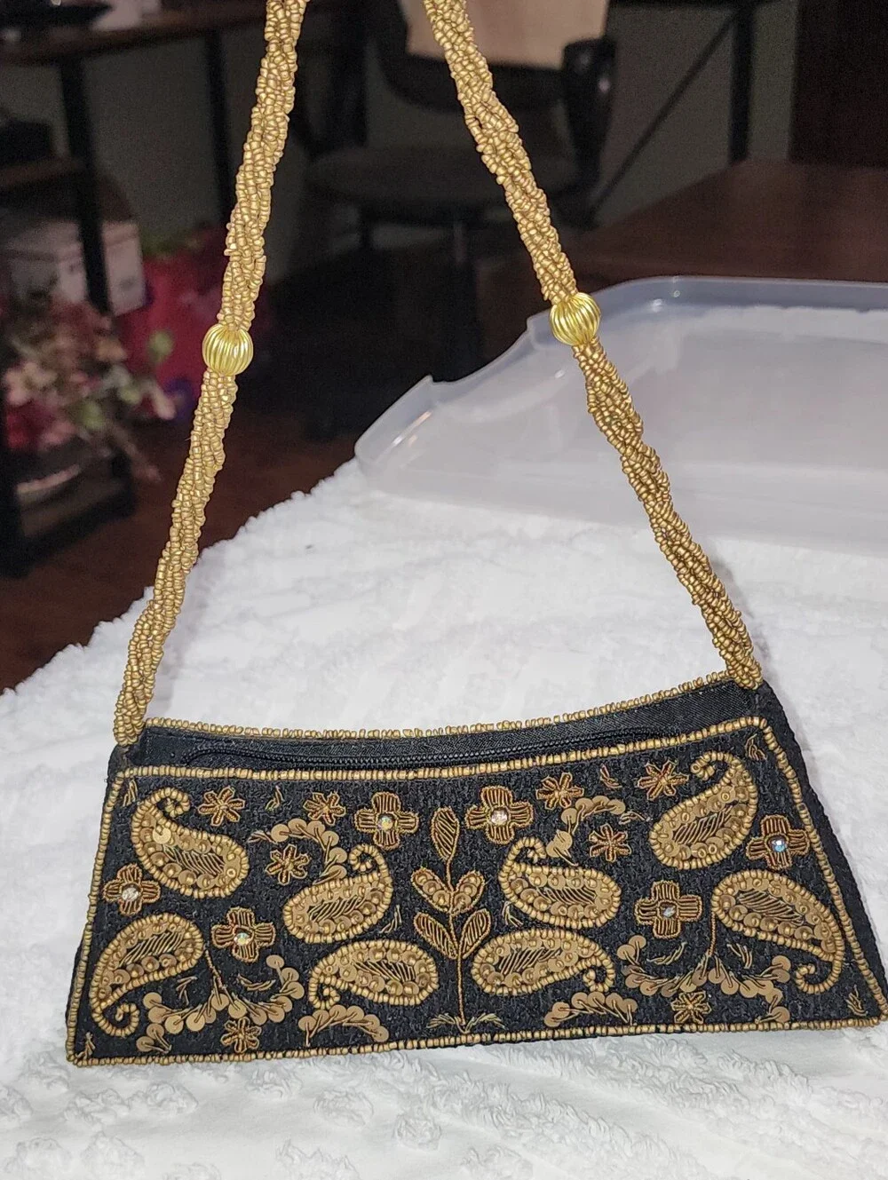 Bougainvillea Brown Bag With Bronze Stitching, Beaded Handle & Embellishments