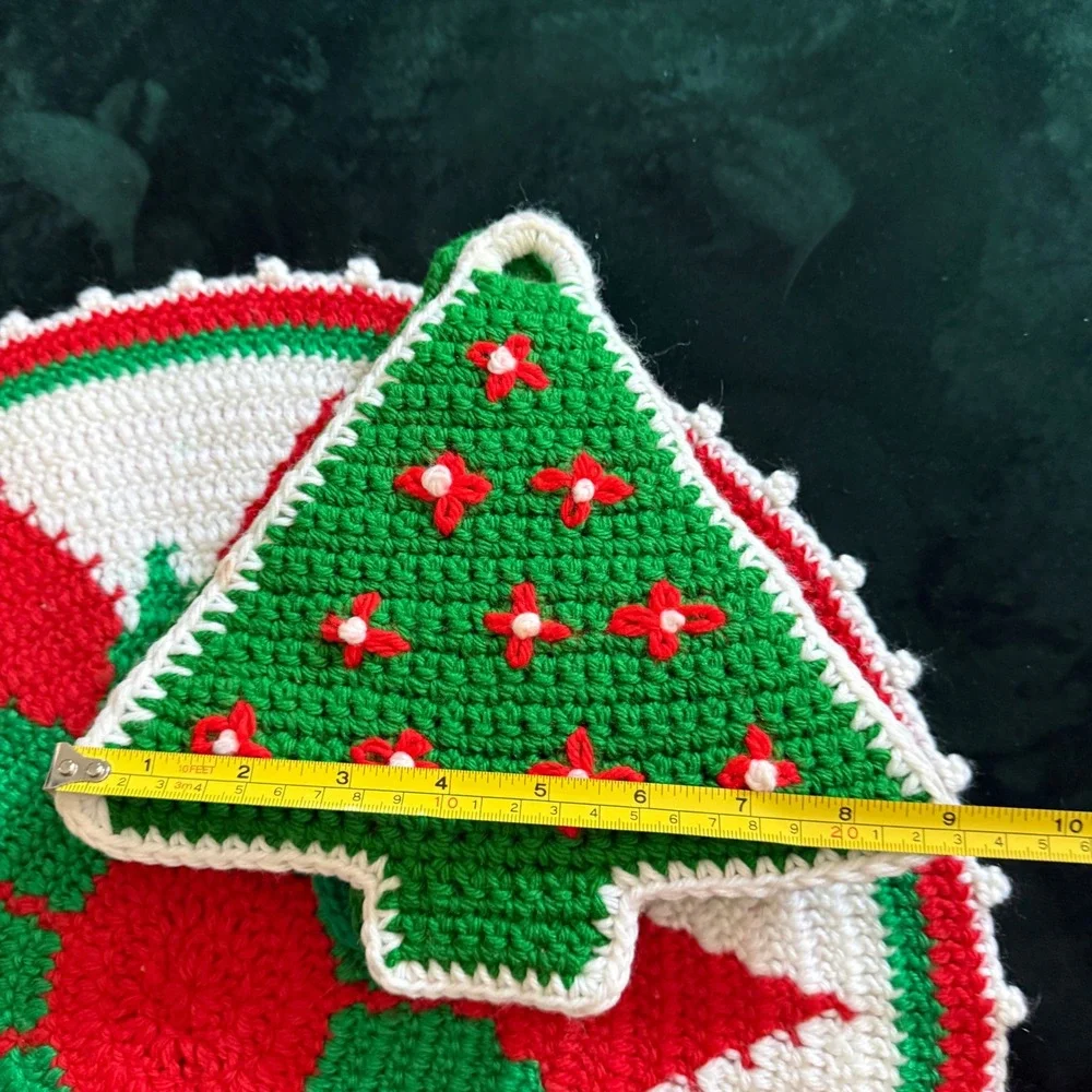 Vintage Crochet Christmas Tree Trivet Pot Holder Set Handmade Holiday Kitchen