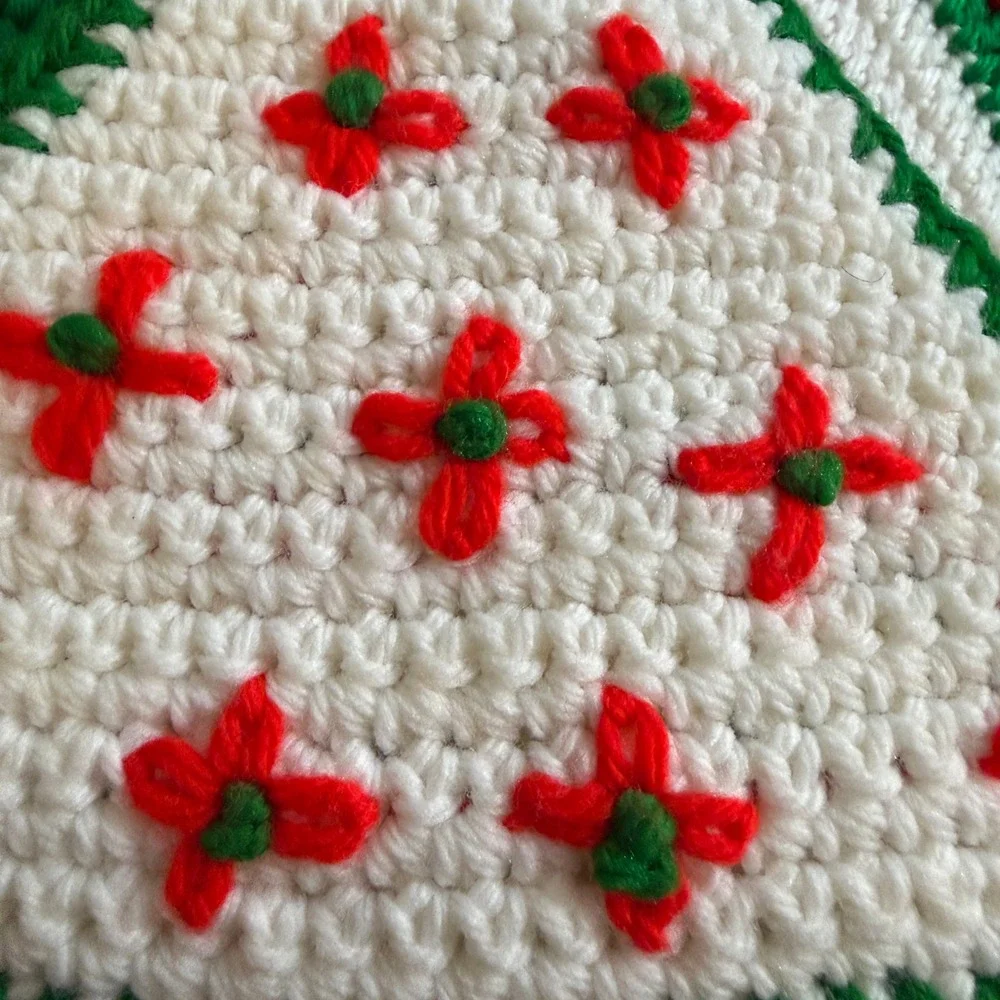 Vintage Crochet Christmas Tree Trivet Pot Holder Set Handmade Holiday Kitchen