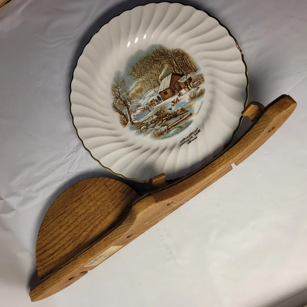 Northshore Wood Products Plate Holder Wall Shelf Oak with Currier & Ives Plate
