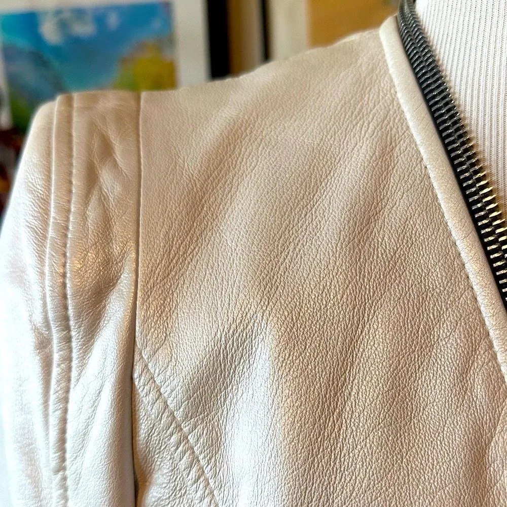Dawn Levy Cream Pearl Designer Leather Jacket with Black Accents
