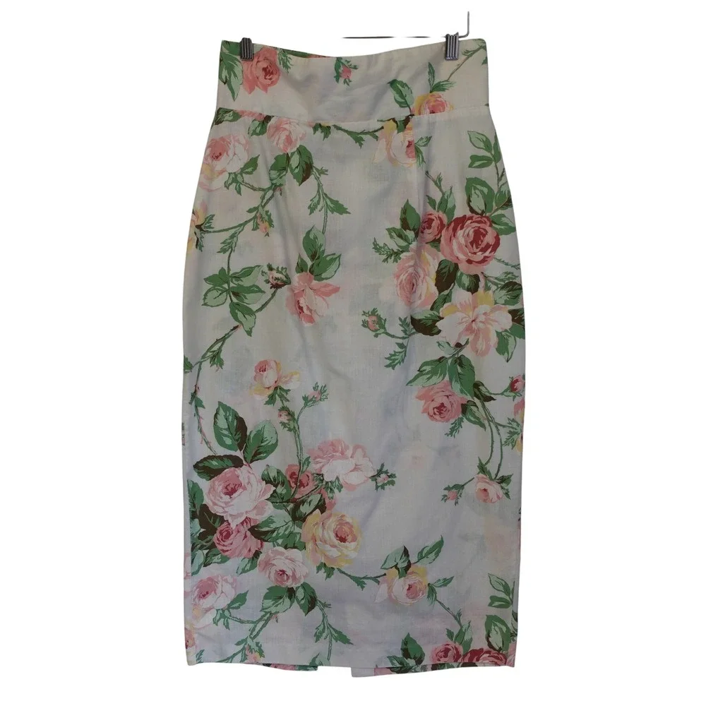 Vtg 90s Rose Print Midi Skirt Women 13 White Floral High Rise Pencil Shabby Chic