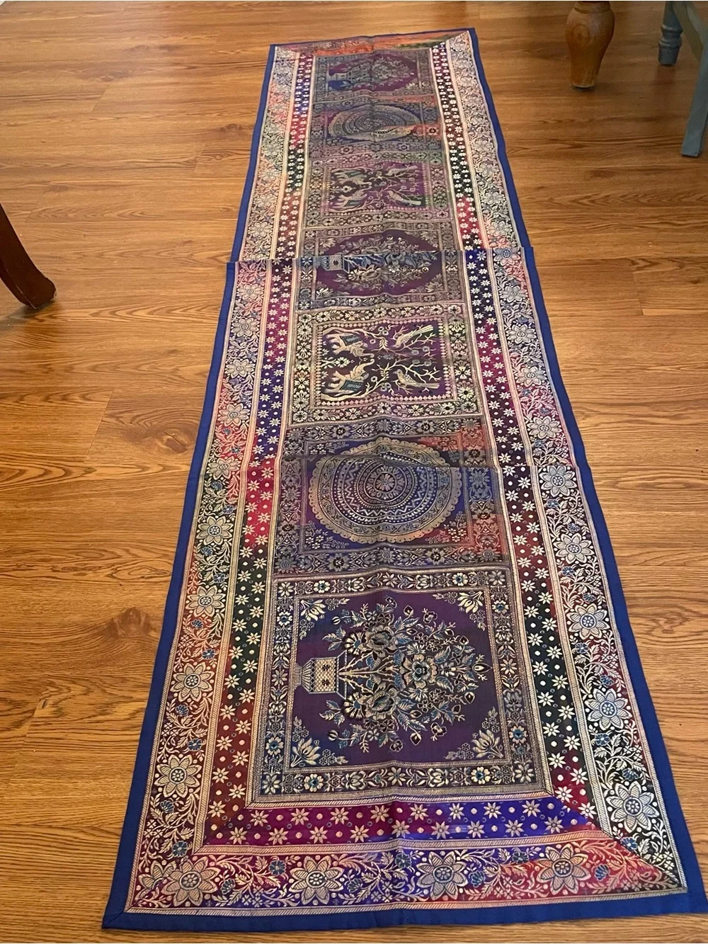 Indian Silk Brocade Table Runner 76x18 Mandalas Elephants Birds