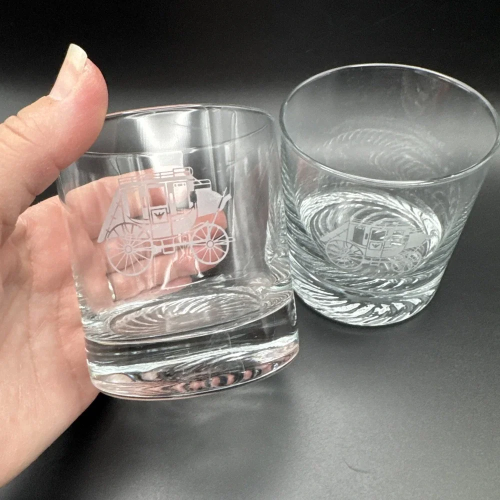 Vintage Cocktail Glasses Western Stagecoach Barware Whisky Lowball‎ Set 2 3.5