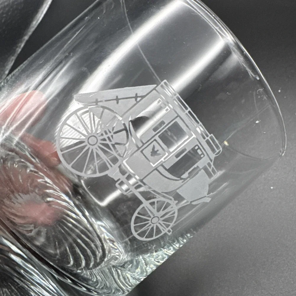 Vintage Cocktail Glasses Western Stagecoach Barware Whisky Lowball‎ Set 2 3.5