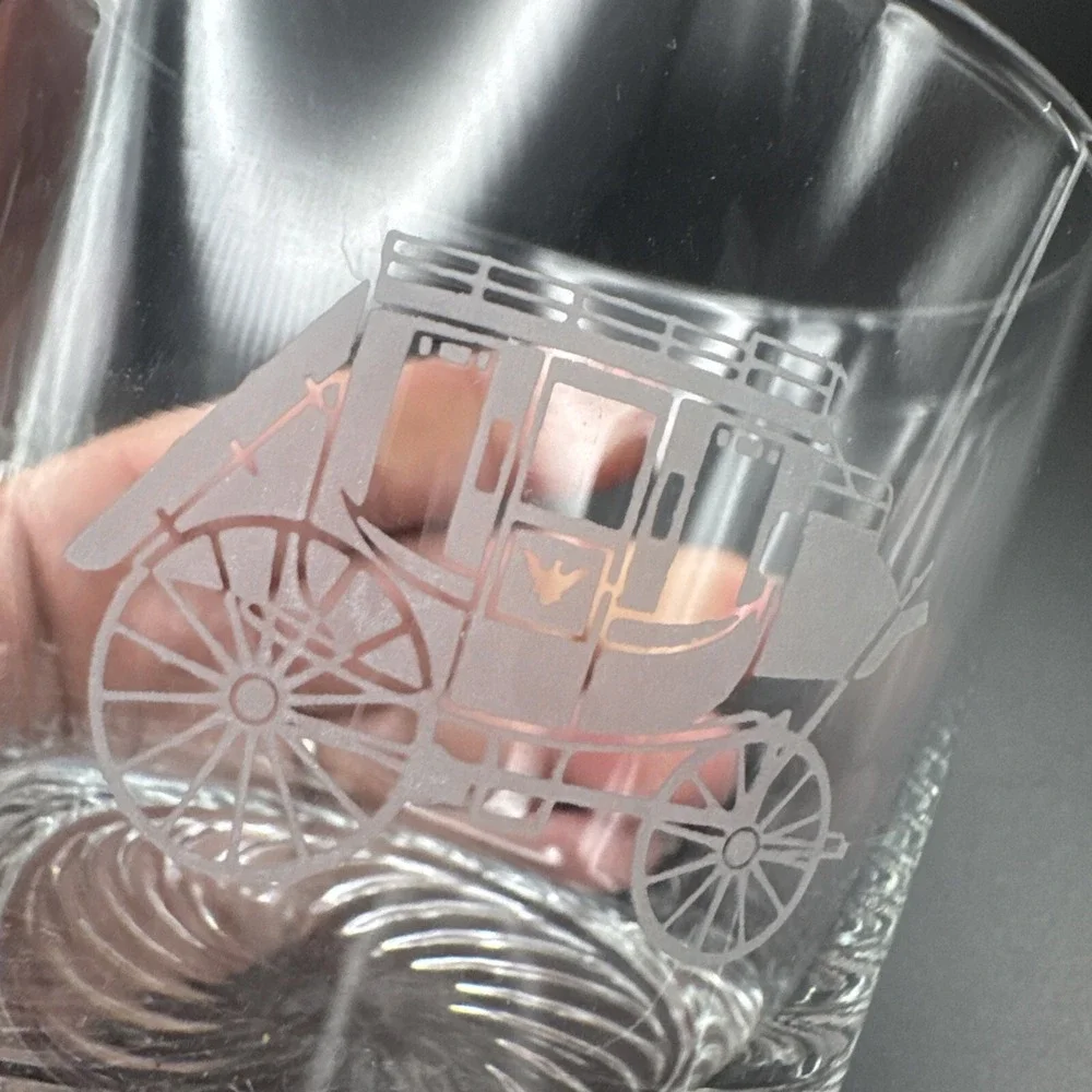Vintage Cocktail Glasses Western Stagecoach Barware Whisky Lowball‎ Set 2 3.5