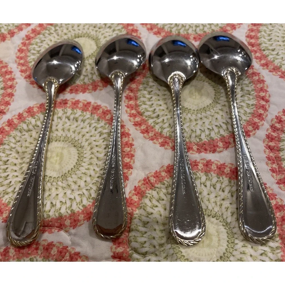 Oneida Golden Belmont Stainless Rope Edge Gold Teaspoon Spoons‎ Set Of 4 VTG