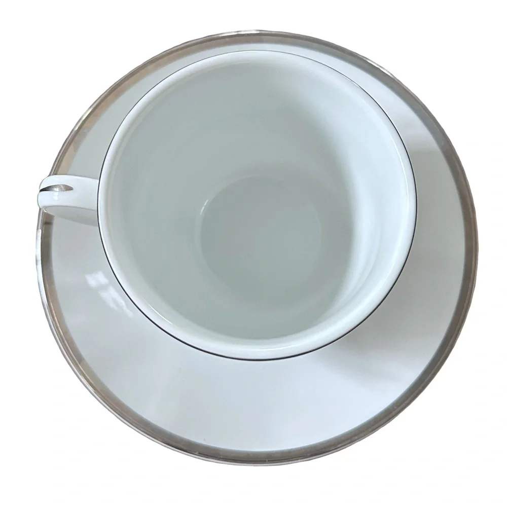 Williams Sonoma Brassiere White Porcelain Platinum Trim Cup & Saucer
